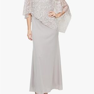 Ignite Evenings Sequin Lace Asymmetric Capelet Formal Gown